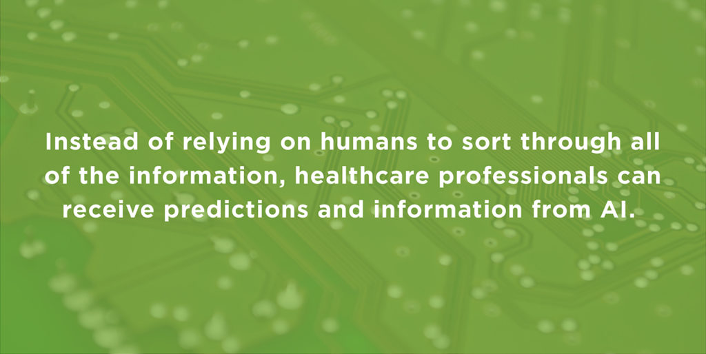 White text on a green background reads, "Instead of relying on humans to sort through all of the information, healthcare professionals can receive predictions and information from AI."